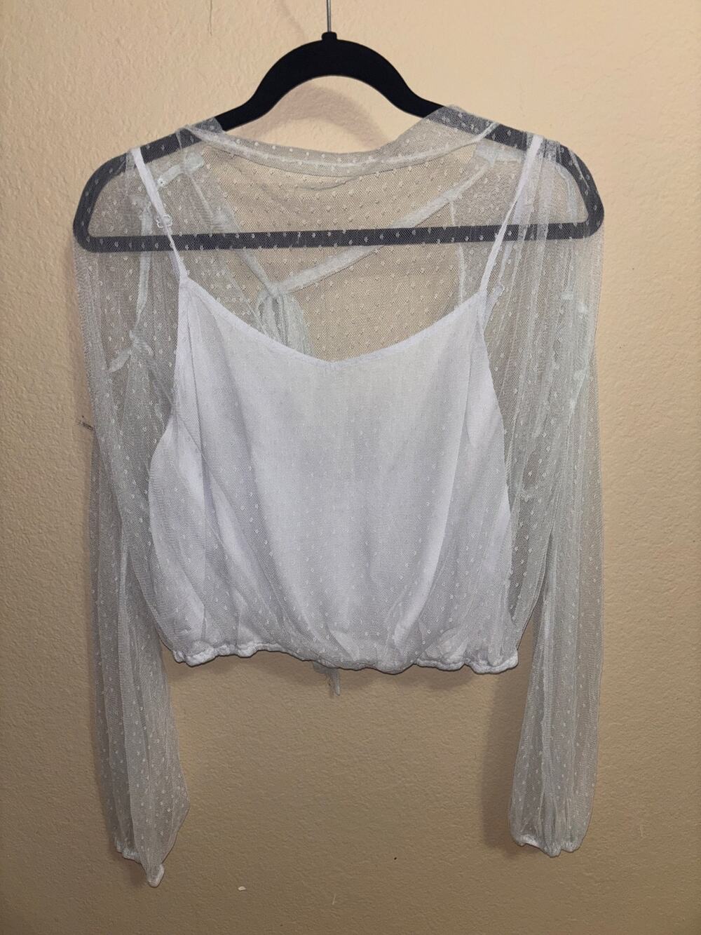 Free People White Swiss Dot Mesh Layered Crop Top Sheer Long Sleeve